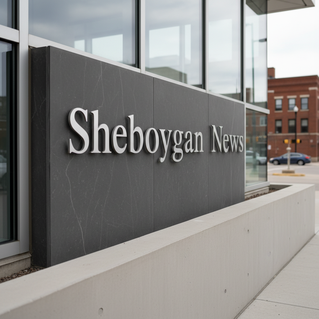 A stately, architectural sign reading "Sheboygan News" in brushed silver metal with crisp, modern lettering, affixed to a sleek stone facade. The signage is surrounded by clean concrete and glass surfaces, and the background shows blurred hints of an urban Sheboygan street. Cool, overcast daylight provides diffused lighting, creating subtle reflections on the metal and precise shadows beneath the sign. The composition uses a slightly upward angle and tight framing, suggesting credibility and professionalism. The atmosphere is confident and composed, with a photographic realism style and a distinct corporate, structured look, supporting a trustworthy local news presence.
